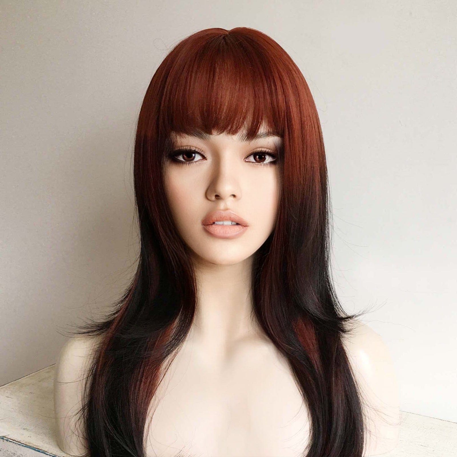 nevermindyrhead Red Wig Ombre Auburn And Black Long Straight Synthetic Women Bangs Wig