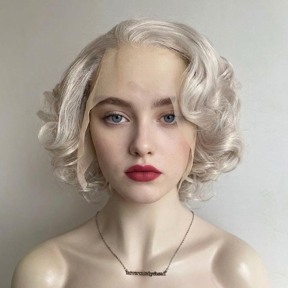nevermindyrhead Silver Gray Hair Wig For Women Lace Front Short Curly Marilyn Style Widow's Peak Silver