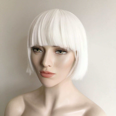 Snow White Short Bob Wig For Women Full Bangs Straight Hair Mushroom Head