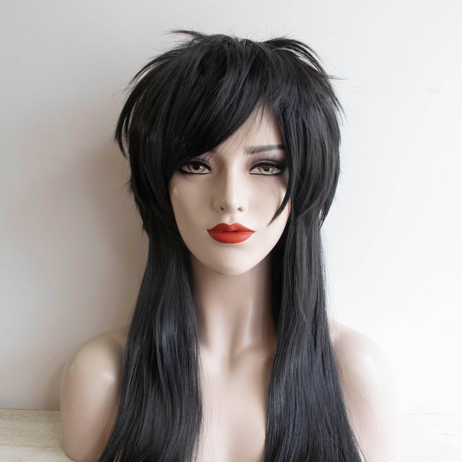 nevermindyrhead Wolf Cut Wig for women (Black Long Straight Fringe Bangs Gothic Mullet)