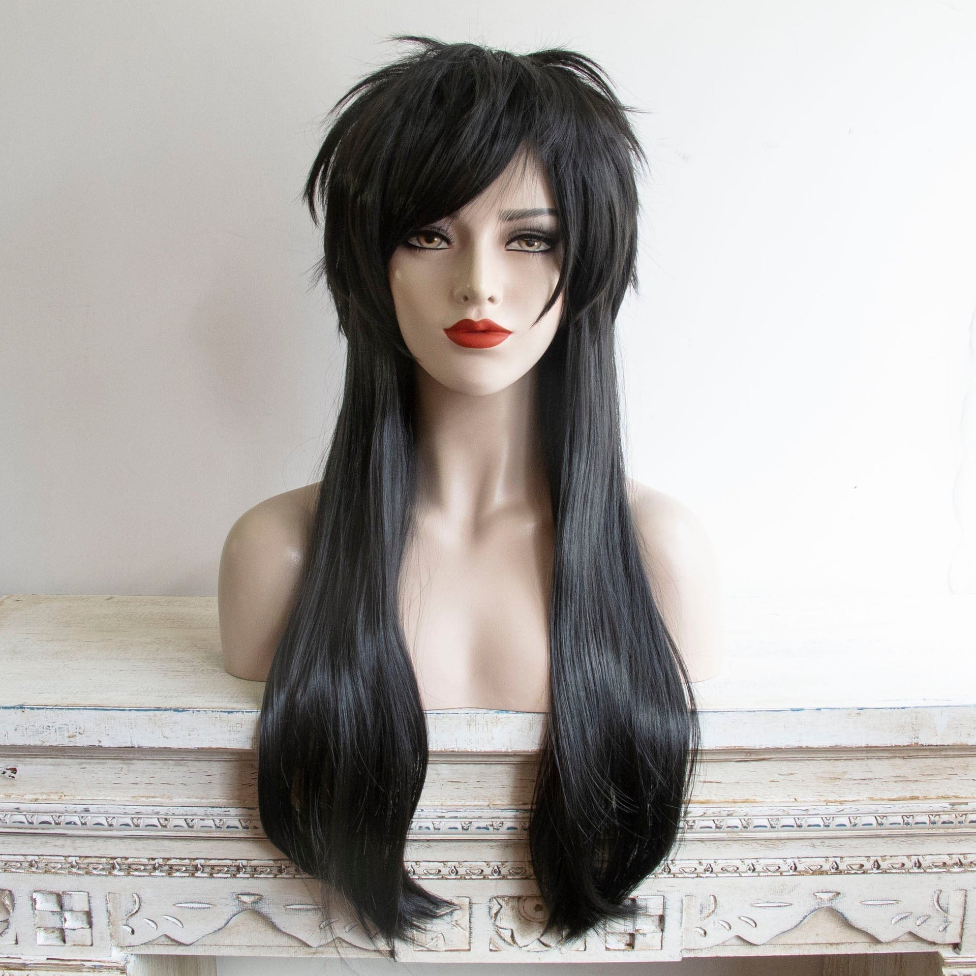 nevermindyrhead Wolf Cut Wig for women (Black Long Straight Fringe Bangs Gothic Mullet)