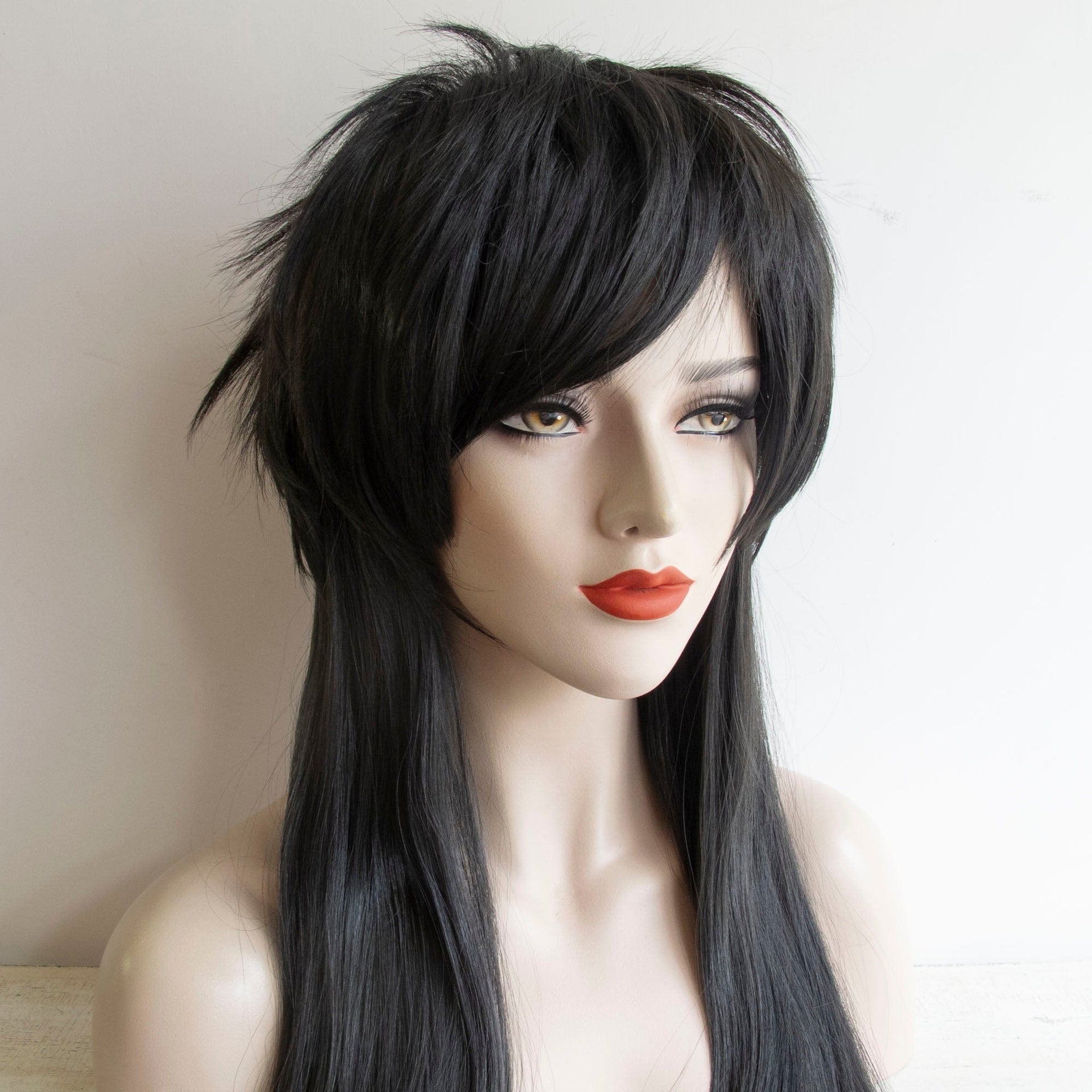 nevermindyrhead Wolf Cut Wig for women (Black Long Straight Fringe Bangs Gothic Mullet)