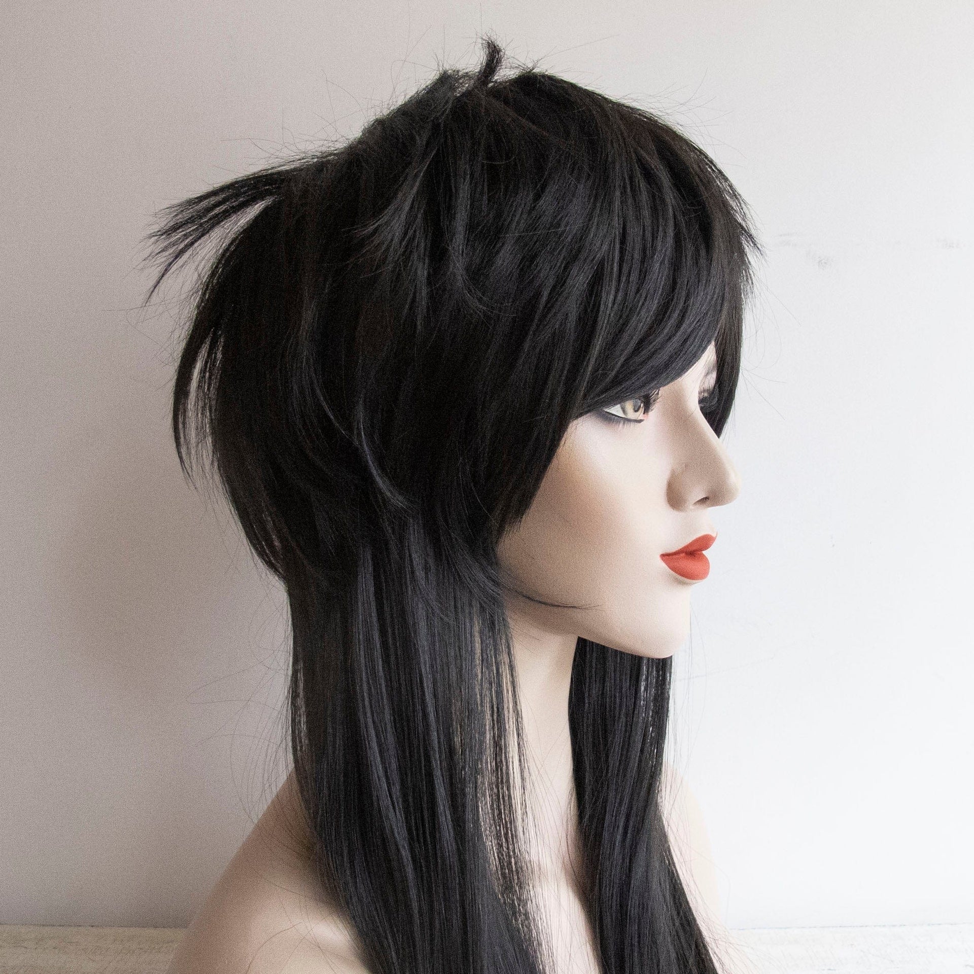 nevermindyrhead Wolf Cut Wig for women (Black Long Straight Fringe Bangs Gothic Mullet)