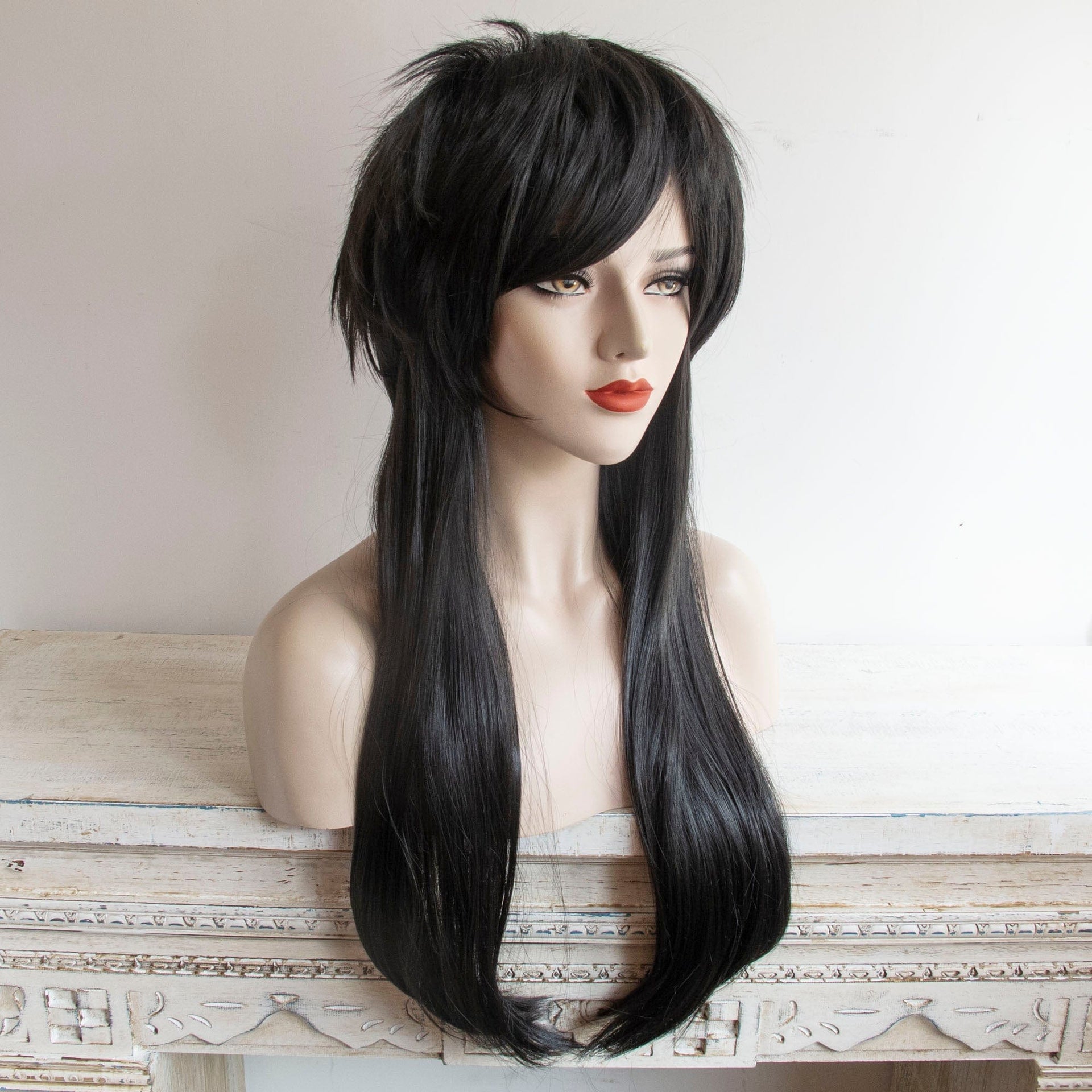 nevermindyrhead Wolf Cut Wig for women (Black Long Straight Fringe Bangs Gothic Mullet)