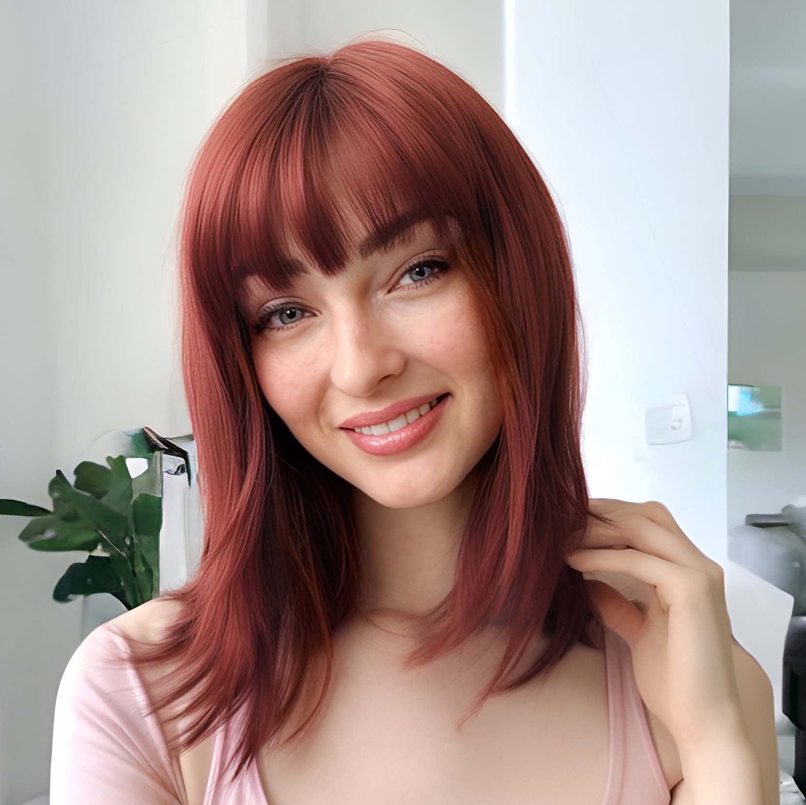 Natural and warm looking medium length layered haircuts 5 Women Auburn Dark Red Medium Length Blunt Bangs Layered Wig | nevermindyrhead – nevermindyrhead