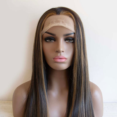 Women Black Honey Blonde Highlight Lace Front Slicked Long Straight Hair Wig 24 Inches