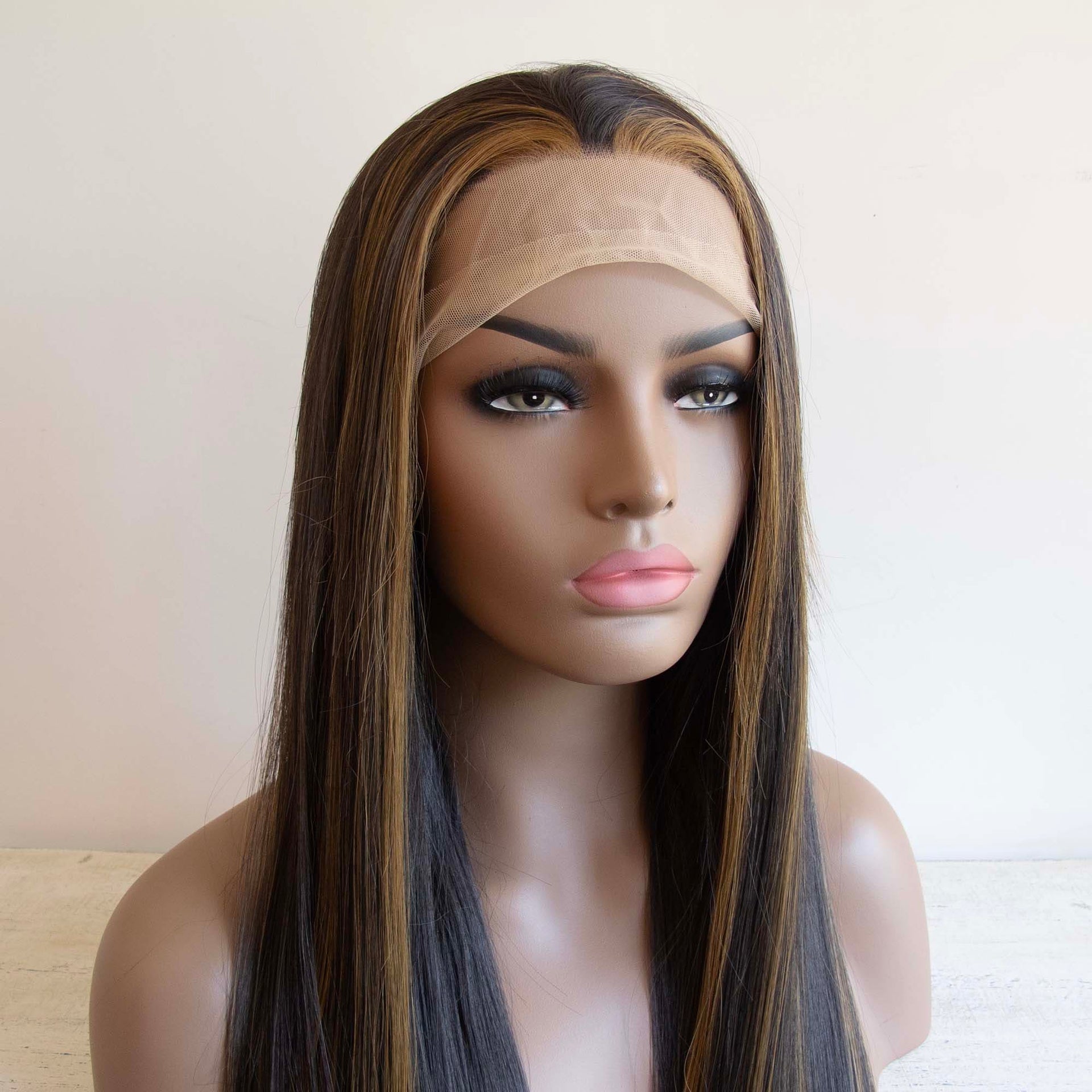 nevermindyrhead Women Black Honey Blonde Highlight Lace Front Slicked Long Straight Hair Wig 24 Inches