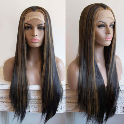 Women Black Honey Blonde Highlight Lace Front Slicked Long Straight Hair Wig 24 Inches