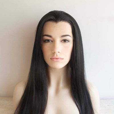 Women Black Lace Front Long Straight Widow's Peak Hairline Slicked Back Hair Wig