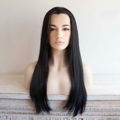 Women Black Lace Front Long Straight Widow's Peak Hairline Slicked Back Hair Wig