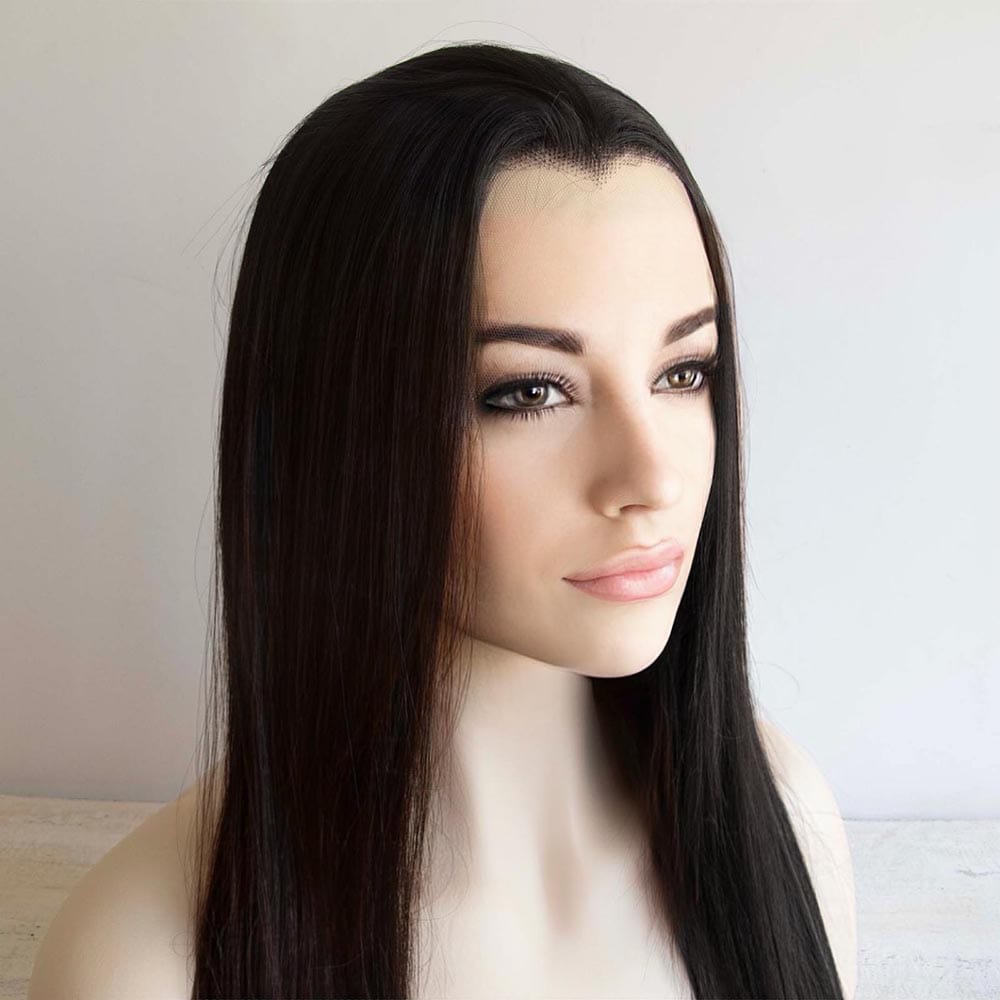 nevermindyrhead Women Black Lace Front Long Straight Widow's Peak Hairline Slicked Back Hair Wig