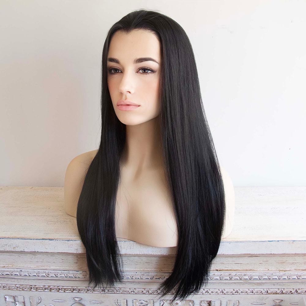 nevermindyrhead Women Black Lace Front Long Straight Widow's Peak Hairline Slicked Back Hair Wig