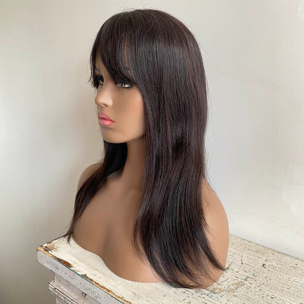 nevermindyrhead Women Black Real Human Hair Long Straight Fringe Bangs Wig 20 Inches