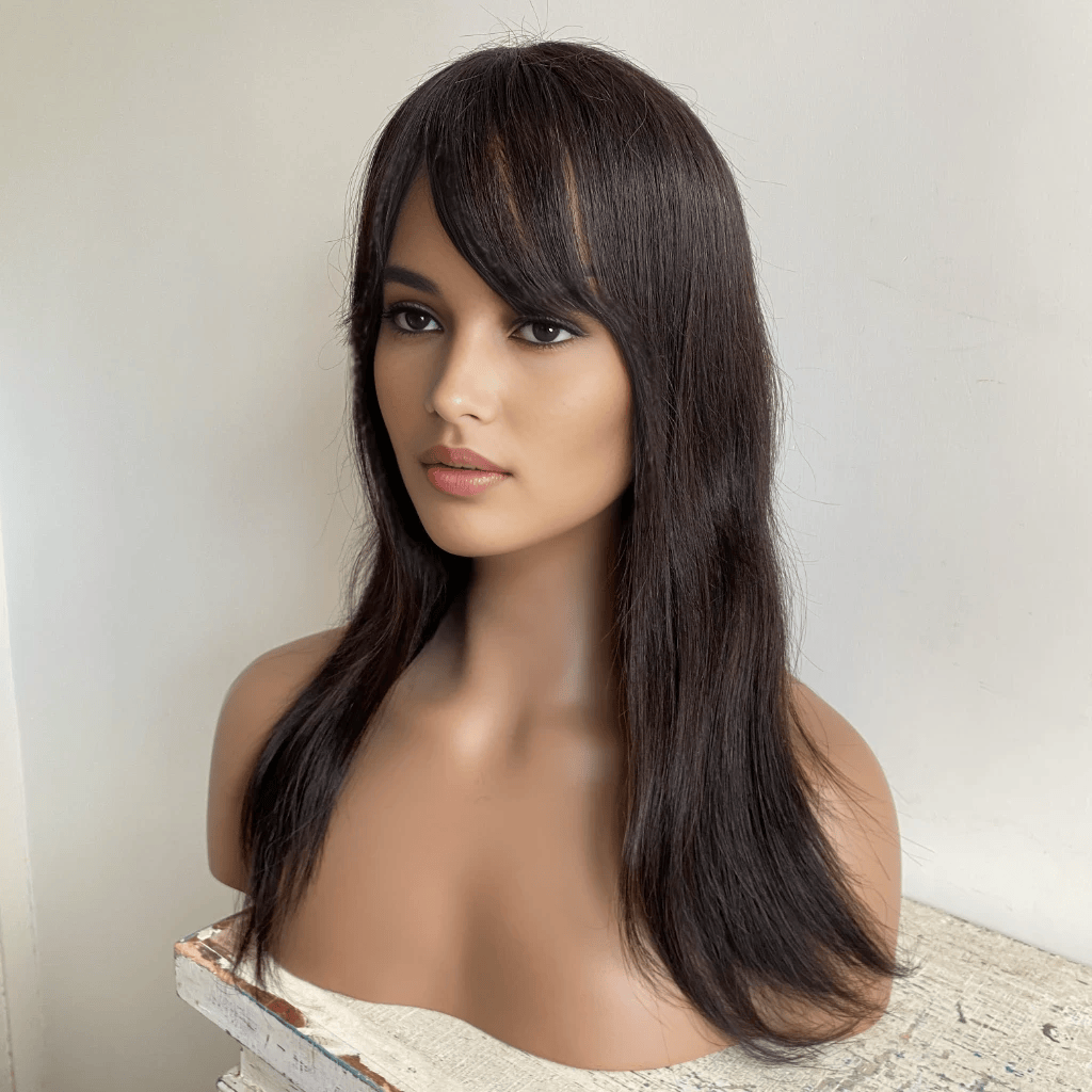 nevermindyrhead Women Black Real Human Hair Long Straight Fringe Bangs Wig 20 Inches