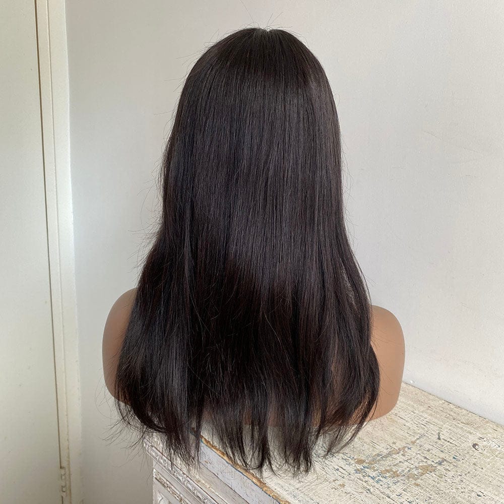 nevermindyrhead Women Black Real Human Hair Long Straight Fringe Bangs Wig 20 Inches