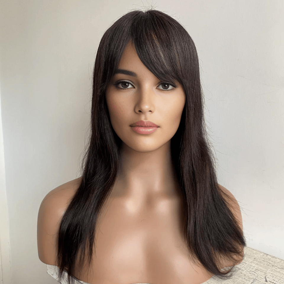 nevermindyrhead Women Black Real Human Hair Long Straight Fringe Bangs Wig 20 Inches Black / Small (52-57cm)