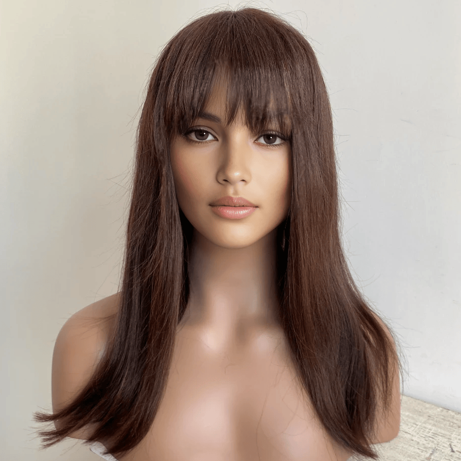nevermindyrhead Women Black Real Human Hair Long Straight Fringe Bangs Wig 20 Inches Brown / Small (52-57cm)