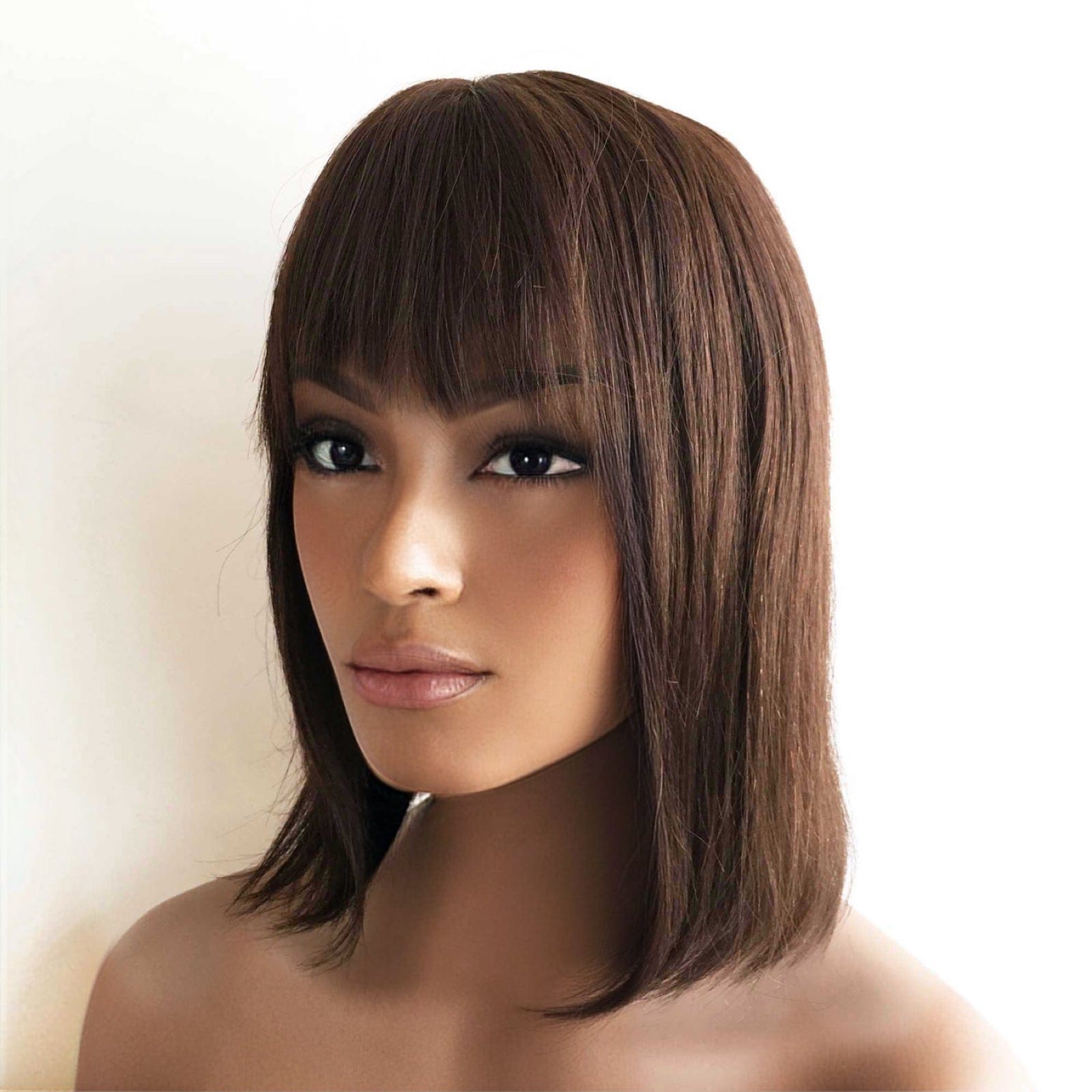 nevermindyrhead Women Black Real Human Hair Medium Length Straight Bob Fringe Bangs Wig