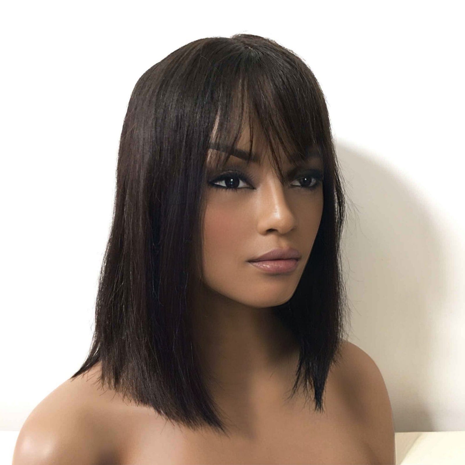 nevermindyrhead Women Black Real Human Hair Medium Length Straight Bob Fringe Bangs Wig