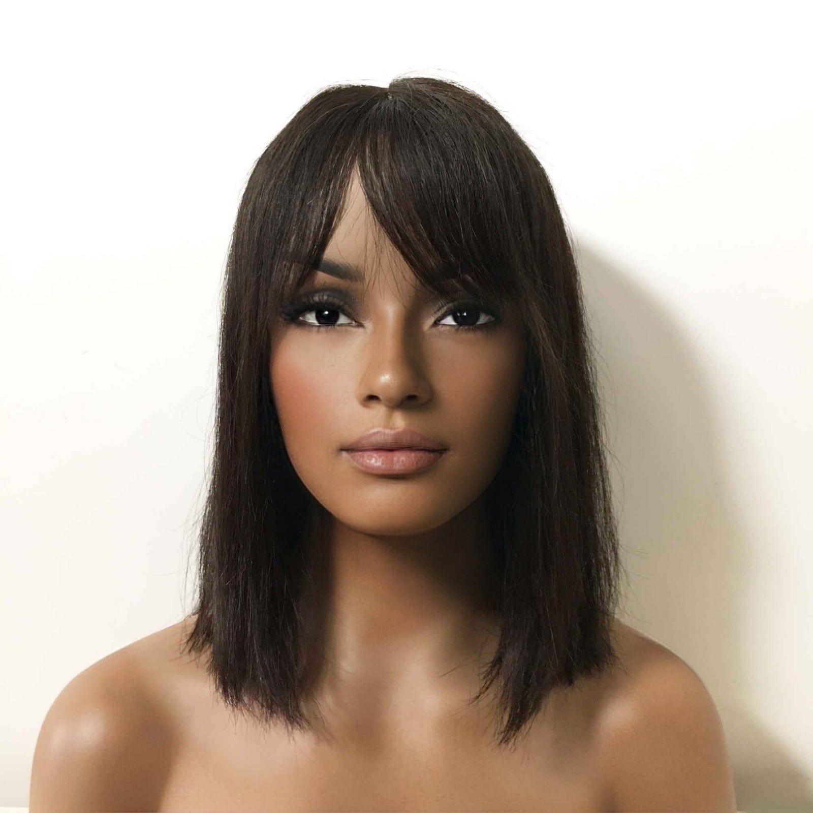 nevermindyrhead Women Black Real Human Hair Medium Length Straight Bob Fringe Bangs Wig