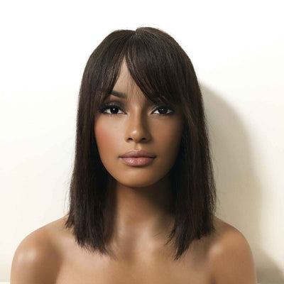 Women Black Real Human Hair Medium Length Straight Bob Fringe Bangs Wig
