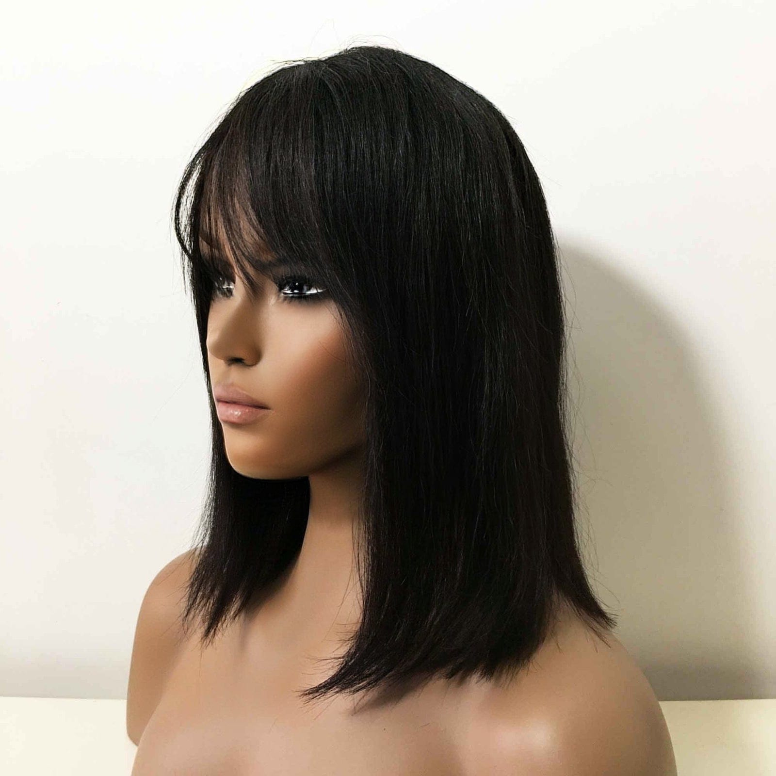 nevermindyrhead Women Black Real Human Hair Medium Length Straight Bob Fringe Bangs Wig