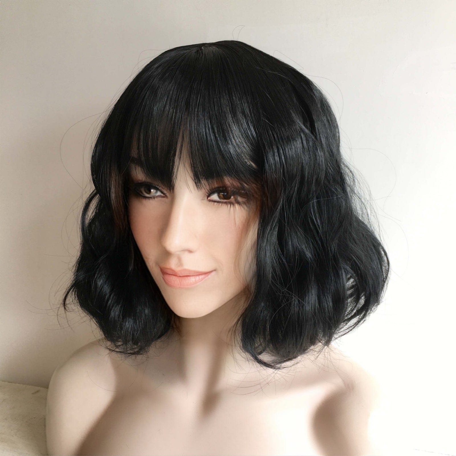 nevermindyrhead Women Black Short Curly Cute Bob Fringe Bangs Wig