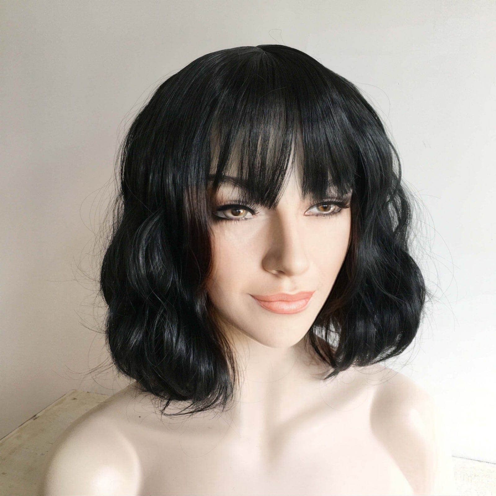 nevermindyrhead Women Black Short Curly Cute Bob Fringe Bangs Wig