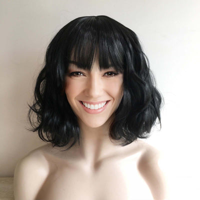 Women Black Short Curly Cute Bob Fringe Bangs Wig
