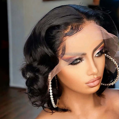 Women Black Women Human Hair 13X6 HD Transparent Lace Front Short Bob Bouncy Deep Wave Side Part Wig