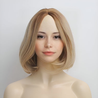 Women Blonde Cosplay Wig Dark Root Ombre Short Bob Straight Hair For Costume Anime Party