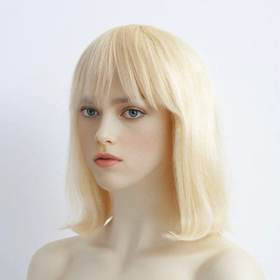 Women Blonde Human Hair Wig With Bangs 613 Straight Medium Shoulder Length