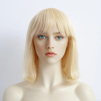 Women Blonde Human Hair Wig With Bangs 613 Straight Medium Shoulder Length