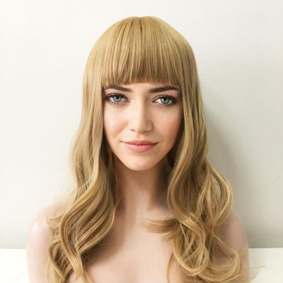 Women Blonde Long Curly Blunt Bangs Wig