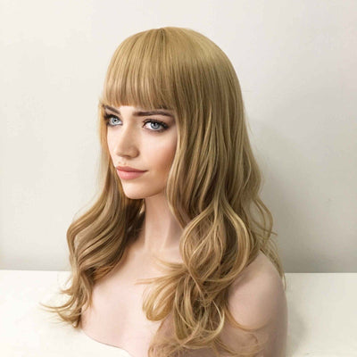 Women Blonde Long Curly Blunt Bangs Wig