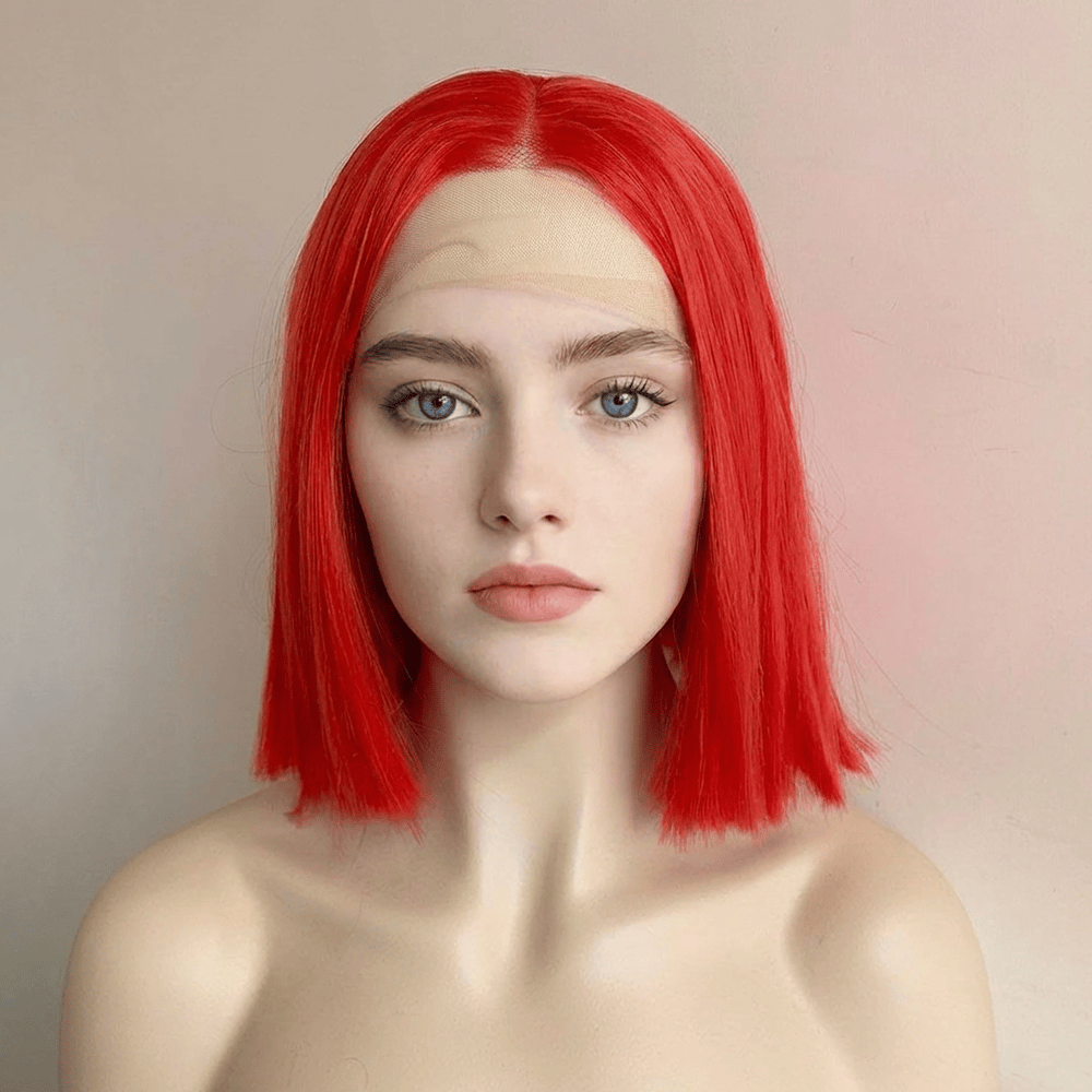 nevermindyrhead Women Bright Red Lace Front Wig Straight Short Bob Blunt Cut