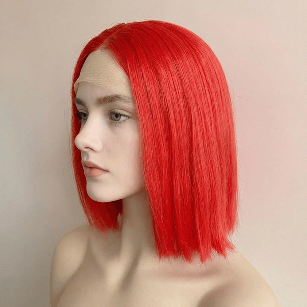 nevermindyrhead Women Bright Red Lace Front Wig Straight Short Bob Blunt Cut