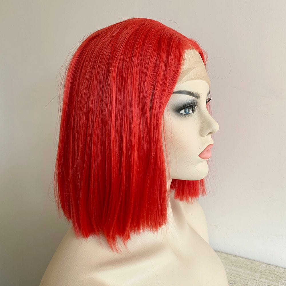 nevermindyrhead Women Bright Red Lace Front Wig Straight Short Bob Blunt Cut