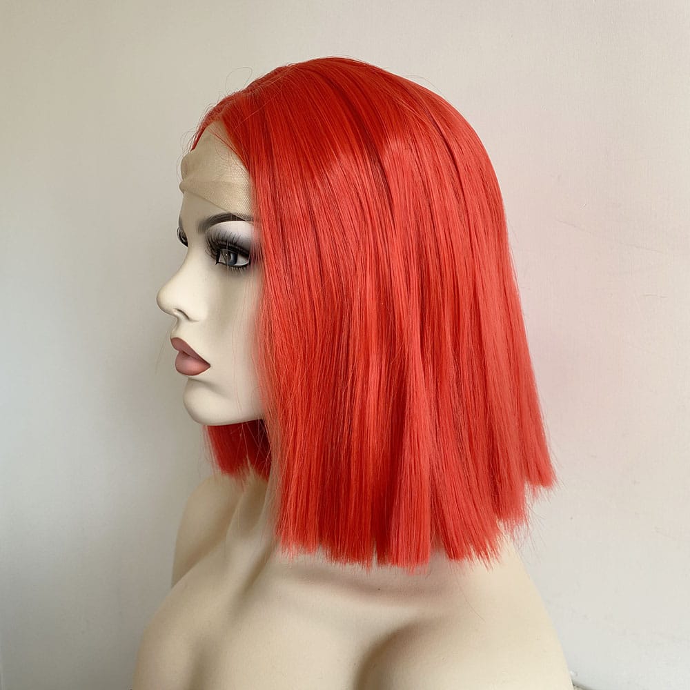 nevermindyrhead Women Bright Red Lace Front Wig Straight Short Bob Blunt Cut