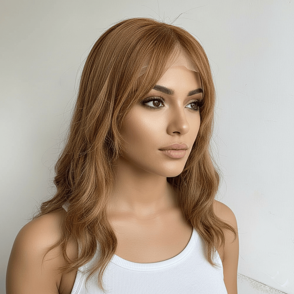 nevermindyrhead Women Brown Human Hair Wig Lace Front 13X6 Wavy Long Hair With Bangs