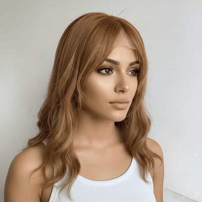 Women Brown Human Hair Wig Lace Front 13X6 Wavy Long Hair With Bangs