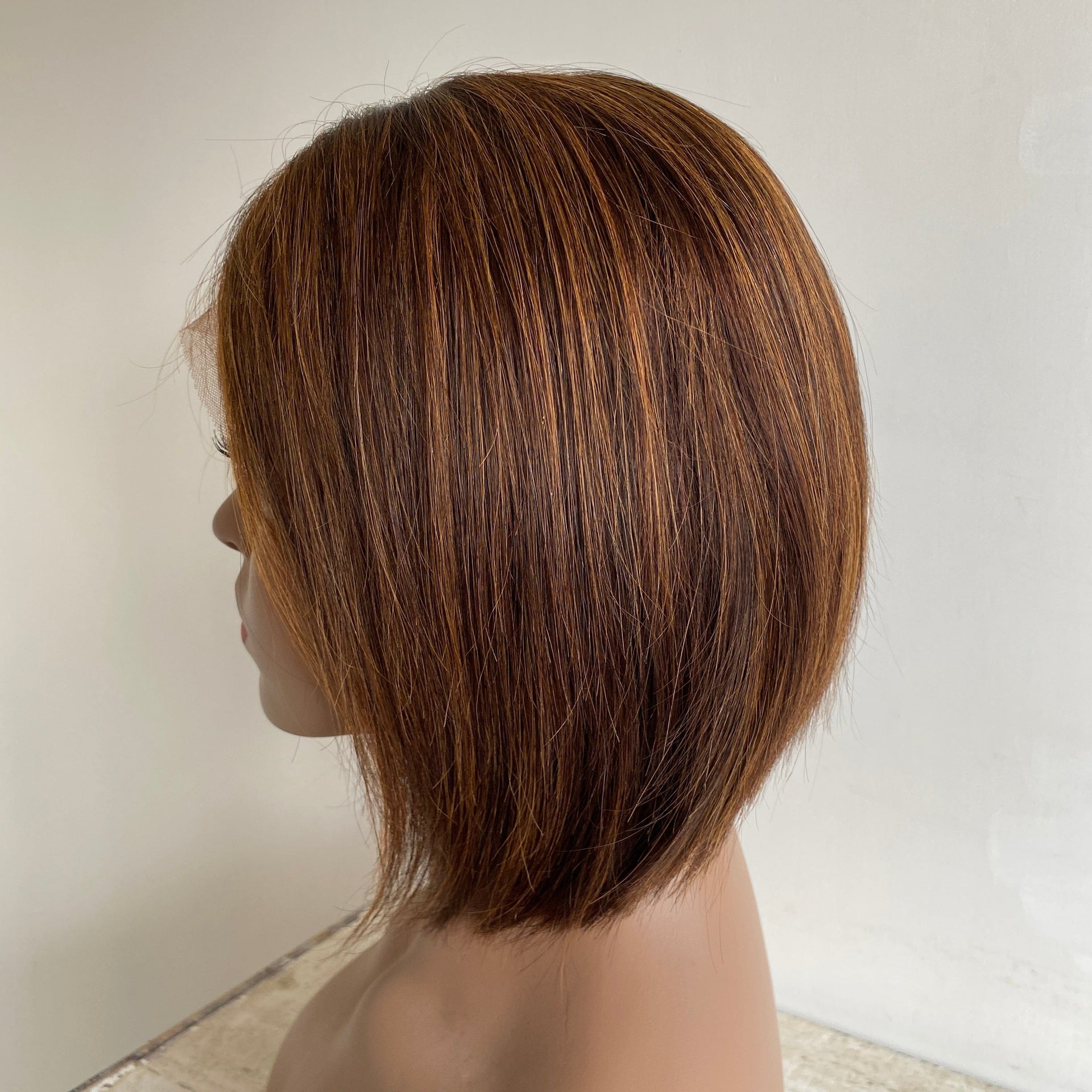 nevermindyrhead Women Brown Human Hair Wig Lace Front Bronze Highlight Short Bob Side Part