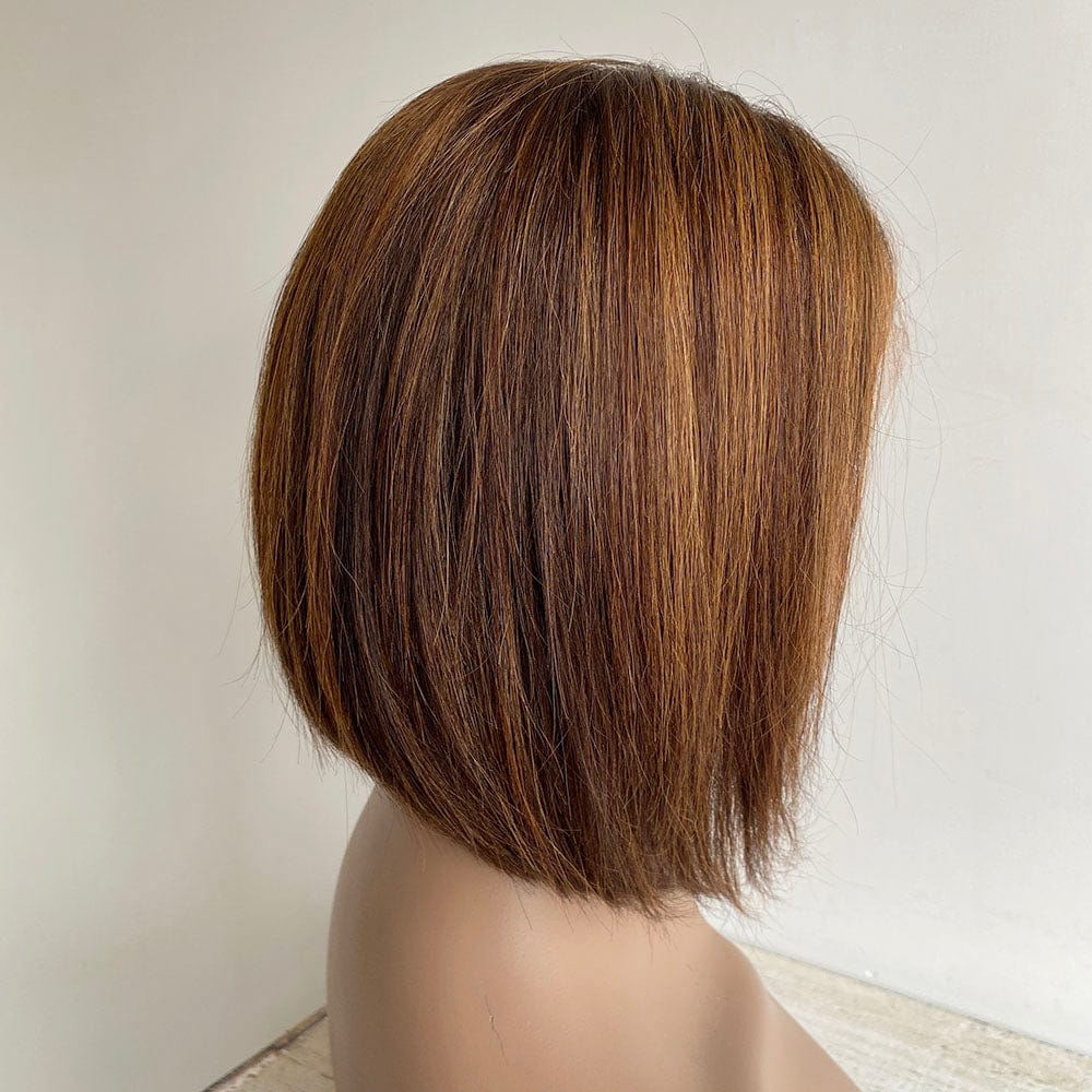 nevermindyrhead Women Brown Human Hair Wig Lace Front Bronze Highlight Short Bob Side Part