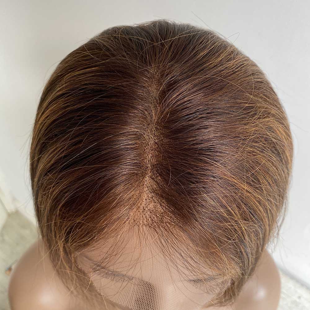 nevermindyrhead Women Brown Human Hair Wig Lace Front Bronze Highlight Short Bob Side Part