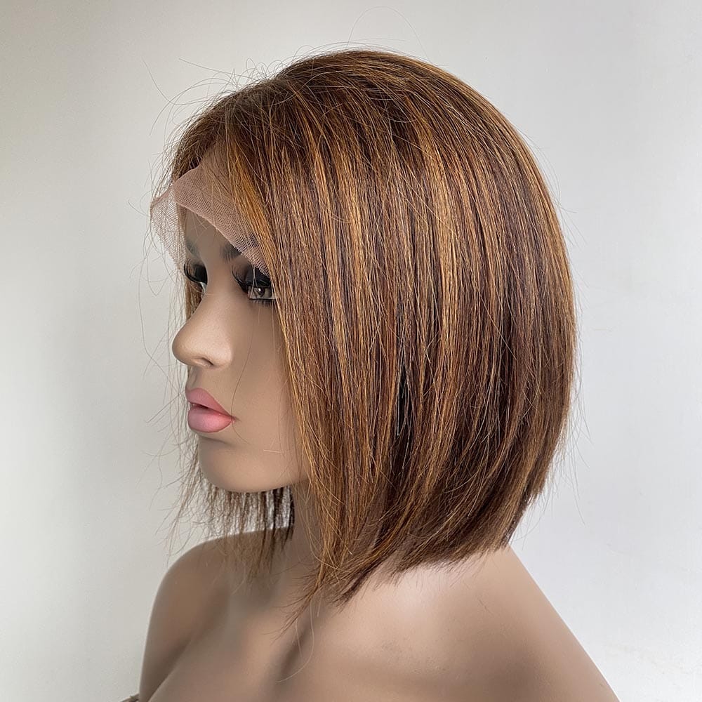nevermindyrhead Women Brown Human Hair Wig Lace Front Bronze Highlight Short Bob Side Part