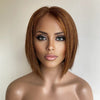 Women Brown Human Hair Wig Lace Front Bronze Highlight Short Bob Side Part