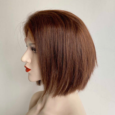 Women Brown Human Hair Wig Lace Front Short Bob Side Part Natural Looking 10 Inches