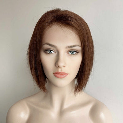 Women Brown Human Hair Wig Lace Front Short Bob Side Part Natural Looking 10 Inches