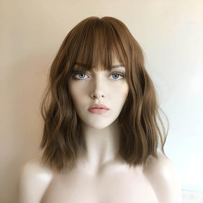 Women Brown Wavy Natural Looking Medium Length Wig With Bangs
