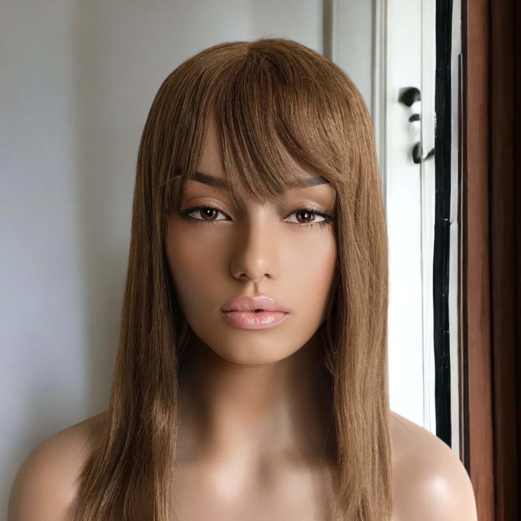 nevermindyrhead Women Caramel Brown Real Human Hair Medium Length Straight Bob Fringe Bangs Wig 14 Inches